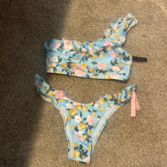 Victoria's Secret Other - Victoria’s Secret One Shoulder Brazilian Ruffle Bikini Blue W/Lemons NWT.
